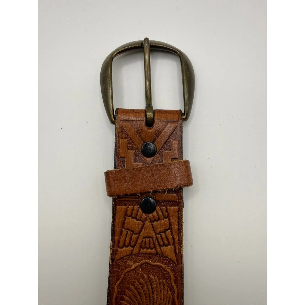 Vintage 70s Hand Tooled Leather Southwestern Pueblo Boho Belt